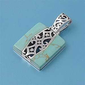   Sterling Silver Turquoise Square Filigree Art Center Pendant Jewelry