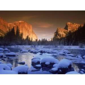  Snowy Sunset Over River, El Capitan, Yosemite, CA 