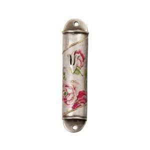  Rounded Semicircle Pewter Mezuzah with Roses and Shin 