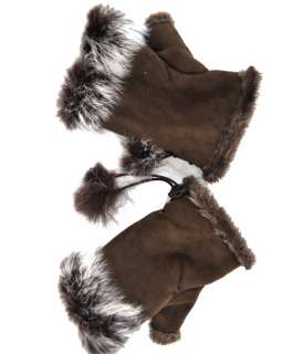Brown suede fur trimmed fleece lined fingerless gloves  