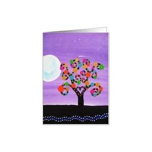  Painted dotted trees with purple night sky and moon Card 