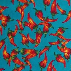    Wide Fabric Red Pepper on Turquoise Background Fabric By the Yard
