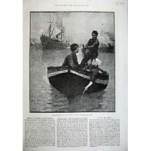  1887 Fine Art Eugene Vail Men Woman Boat Ships River