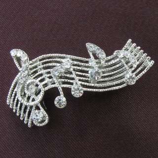 Treble Clef Music Note Clear Stone Crystals Fashion Brooch Pin Silver 