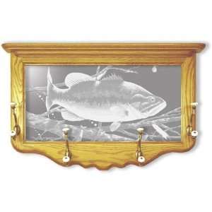  Etched Mirror Bass Fishing Art in Solid Oak Wall Hanging 