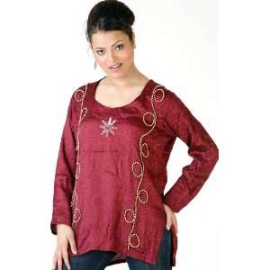  Marooon Designer Kurti with Beadwork and Sequins   Crepe 