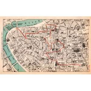 1908 Lithograph Map Plan Rome Tiber River Pantheon Route Piazza Navona 