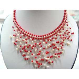  17 Beauty 4 5mm White Pearl with Red Coral Necklace 