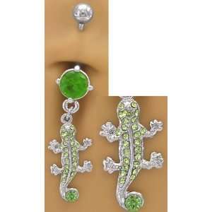 Lt Green Lizard Gecko dangle Belly Navel body jewelry piercing bar 