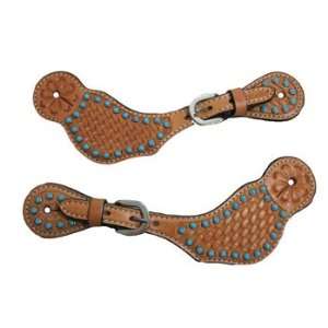 Basketweave Tooled Spur Straps with Turquoise Dots Sports 