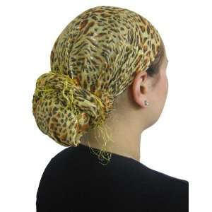  Yellow Animal Printed Tichel with Silver Lurex and Fringes 
