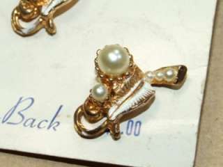 Vintage BALLOU Faux Pearl Enamel Lapel Pin Brooch Set *  