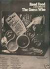 THE GUESS WHO ROAD FOOD POSTER TYPE PROMO AD 1974