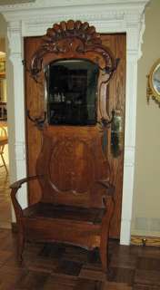 antique Tiger OAK carved Mirrored HALL STAND w / bench **majestic 