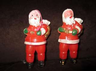 Celluose acetate celluloid Santa ornaments 1950s 4 by 2 with toys 