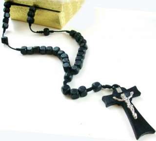 Mens Black Rosary Necklace Beads Rosaries Wooden Cross  