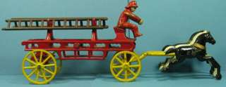 OLD CAST IRON 3 HORSE FIRE WAGON 2 LADDERS AUTHENTIC 11 1/2 LONG T191 