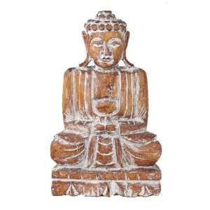  Handcarved Buddha Statue   Sitting Whitewash / Brown 