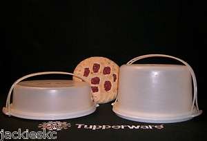 Tupperware ~2 WHITE vtg classic Cake Pie Takers 10 Round ~2 Handles 