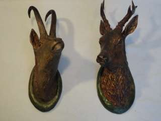 Pair of Antique Black Forest Carved Chamois and Buck/Stag Heads  