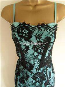 Karen Millen Black Teal Lace Silk Corset Dress Sz 8 14  