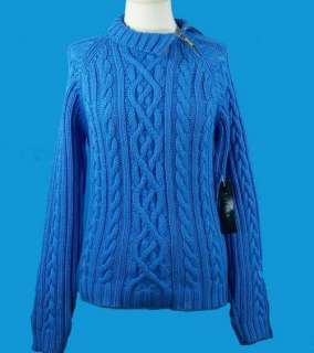 NEW Ralph Lauren Ladies Blue Zip Collar Cable Knit Sweater L  