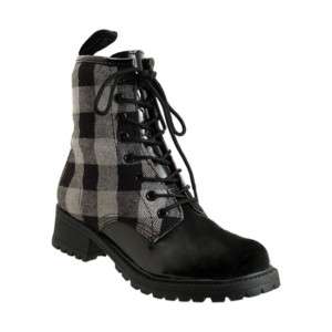 BY GUESS LAKLY COMBAT ANKLE BOOTS BLACK PLAID PATENT  
