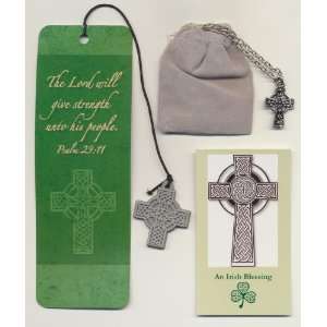   Necklace with Irish Holy Card and Bookmark with Charm Plus Velour Bag