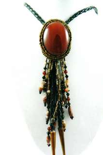 HAND CRAFTED OVAL AGATE BOLO TIE BEADED CHARMS TASSELS LEATHER 