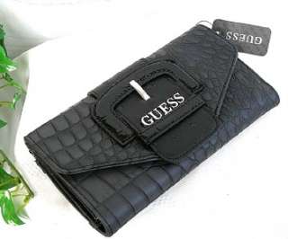 NWT GUESS Black Embossed Croc TAIT Signature Logo Checkbook Wallet 