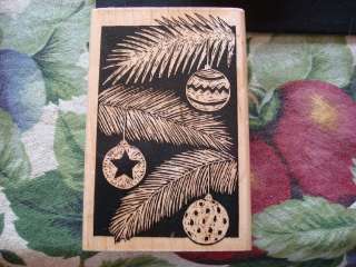 Rubber Stamp Christmas Winter Pine Boughs Woodcut Branches Ornaments 