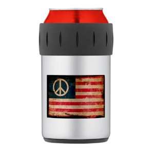   Thermos Can Cooler Koozie Worn US Flag Peace Symbol 
