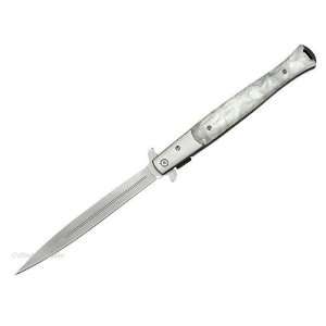  Large Stiletto Style Spring Assisted Knife W/ White Pearl 