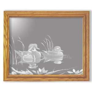  Swimming Ducks  Etched Mirror in Solid Oak Frame
