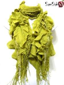 Lime Green Ruffle Fringe Knit Crochet Design Fashion Long Warm Neck 
