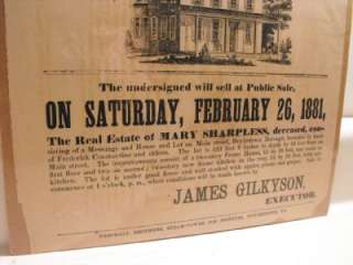Antique 1881 Auction Broadside 18x11 Inch Sign House + Lot Doylestown 