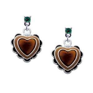  Brown Ruffle Heart   2 Sided Emerald Swarovski Post Charm 