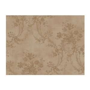   Victorian Floral Damask Prepasted Wallpaper, Light Brown/Metallic