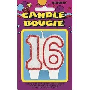  Number 16 Red Glitter Candle 