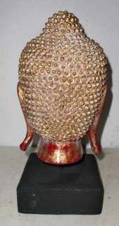 RED GOLD LARGE WOODEN CAMBODIAN BUDDHA HEAD & STAND  