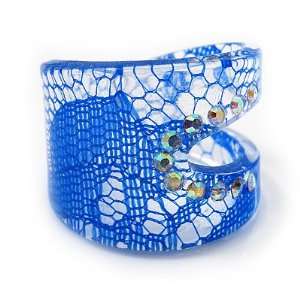    Wide Resin Diamante Blue Lace Band Ring   size 8 Jewelry