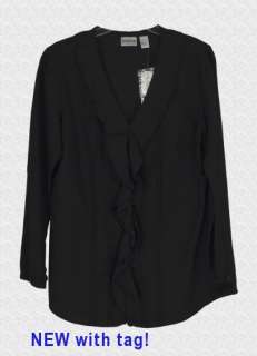 NWT CHICOS Ruffle Carrick Silk Blend Black Long sleeve Shirt Top 1, S 