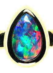 harlequin black opal 14K gold ring floral colors flash Australian rare 
