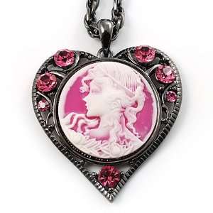    Pink Crystal Cameo Lady With Flowers Heart Pendant Jewelry