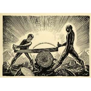  1920 Wood Engraving Rockwell Kent Art Father Son Saw 