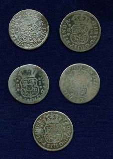 MEXICO SPANISH COLONIAL 1 REAL SILVER COINS, 1740, 1741, 1746, 1747 