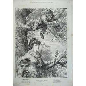   Swain Sketch Young Woman Little Boy Mistletoe Tree