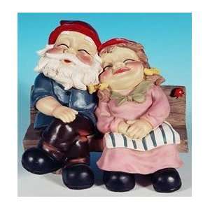  Mr + Mrs Snoozing Garden Gnome on Bench Patio, Lawn 