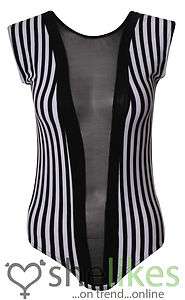   Ladies Sleeveless Mesh Insert Black White Stripe Bodysuit Leotard Top