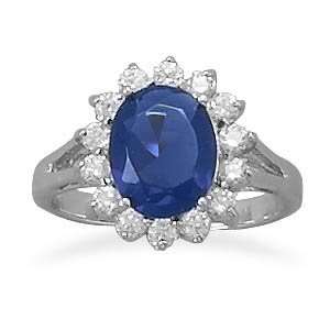  Sapphire Blue Oval Stone and Clear CZ Ring Sterling Silver 